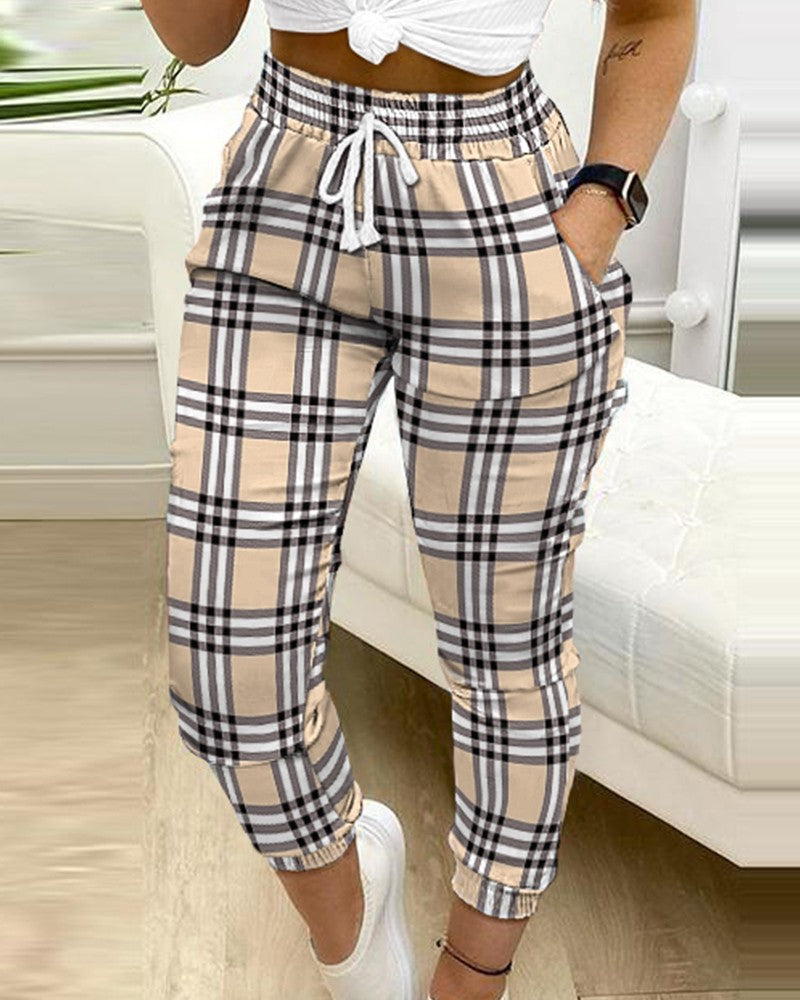 Plaid Print Cuffed Drawstring Pants