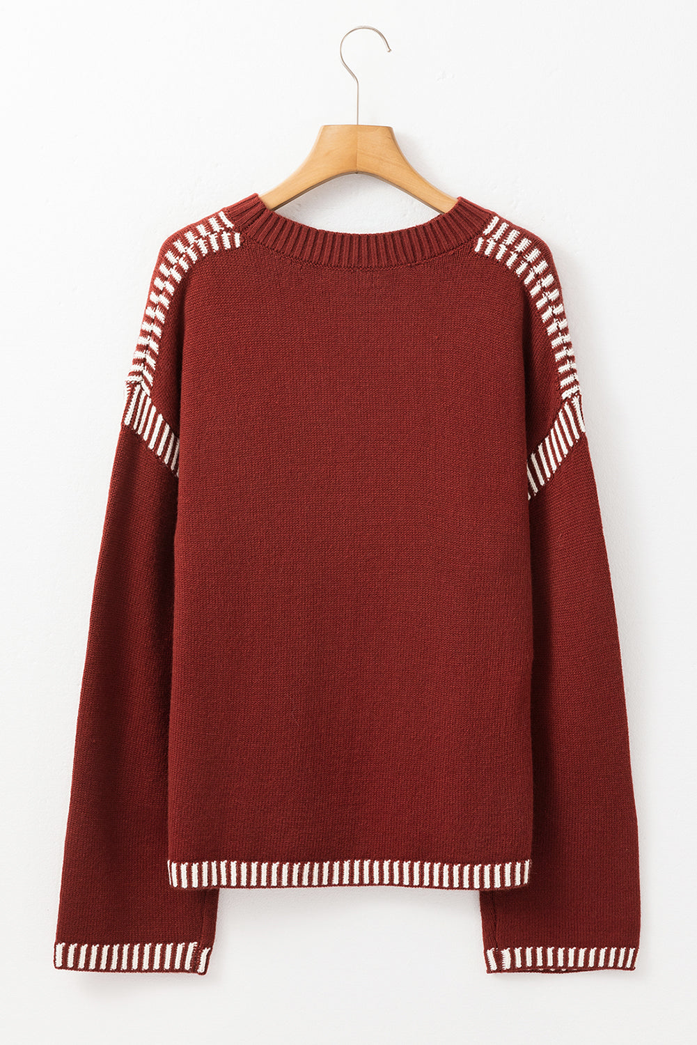 Red Dahlia Color Contrast Trim Drop Shoulder Crew Neck Sweater