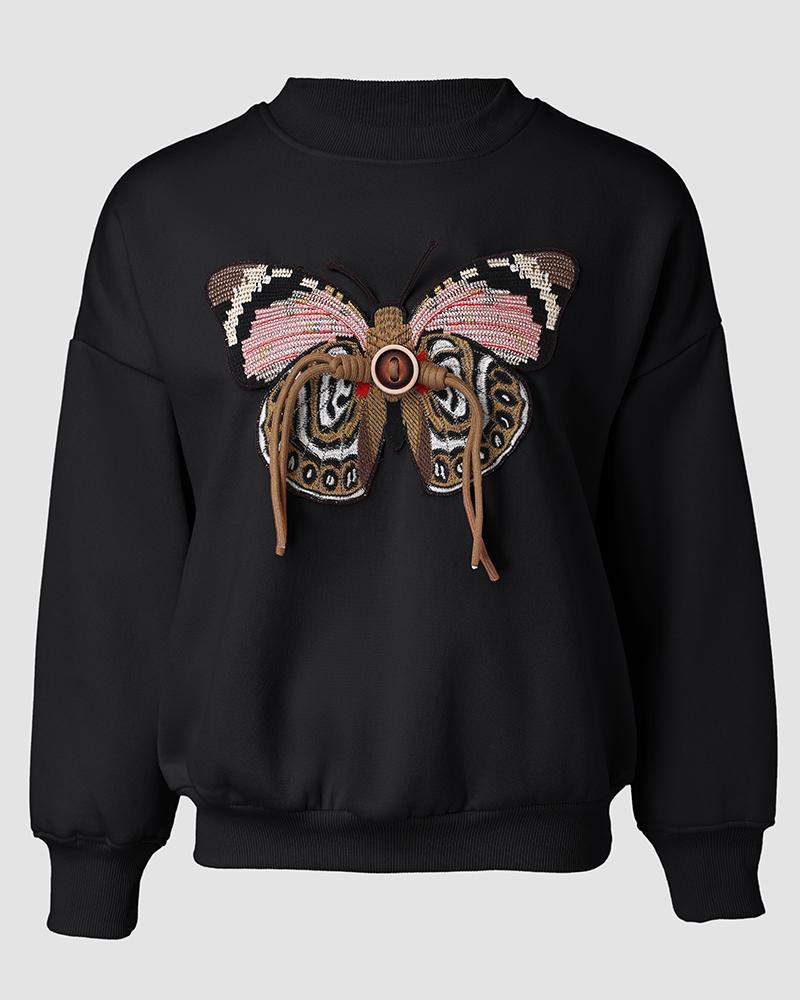 Butterfly Pattern Fleece Lined Sweatshirt Long Sleeve Crewneck Casual Loose Vintage Pullover Tops