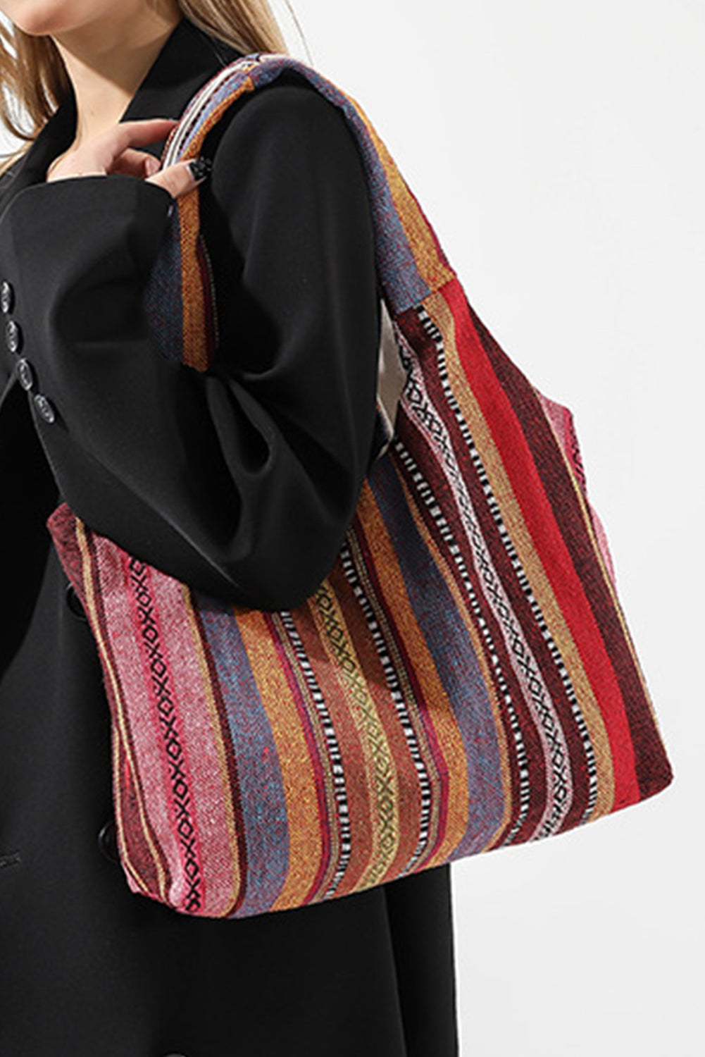 Fiery Red Multiple Ethnic Stripes Print Canvas Tote Bag