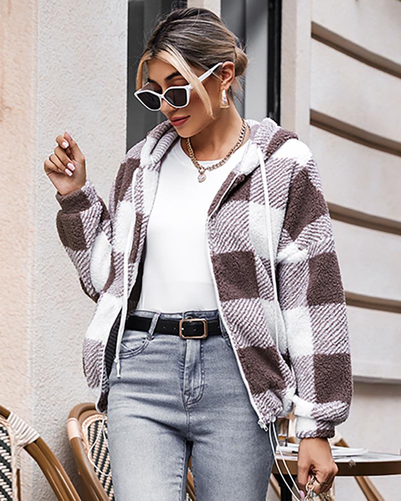 Plaid Print Long Sleeve Hooded Zip Up Teddy Coat