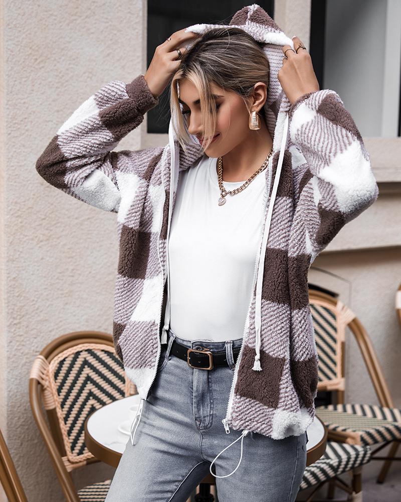 Plaid Print Long Sleeve Hooded Zip Up Teddy Coat