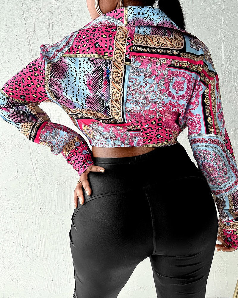 Scarf Print Tie Front Long Sleeve Shirt