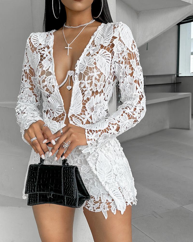 Long Sleeve Guipure Lace Top & Shorts Set