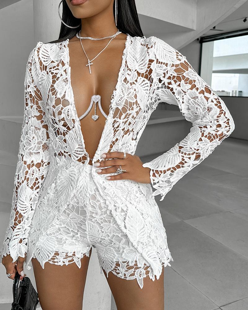 Long Sleeve Guipure Lace Top & Shorts Set