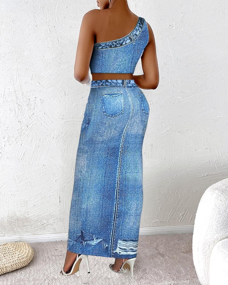 Denim Look Print One Shoulder Top & Skirt Set