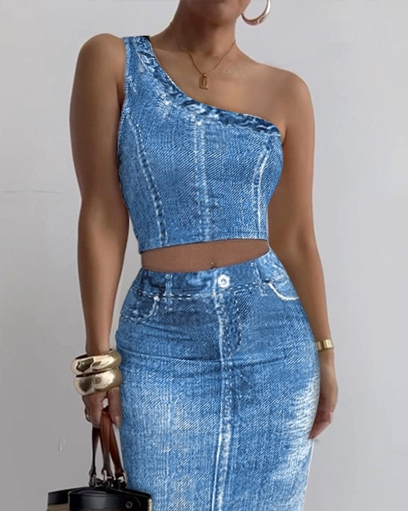 Denim Look Print One Shoulder Top & Skirt Set