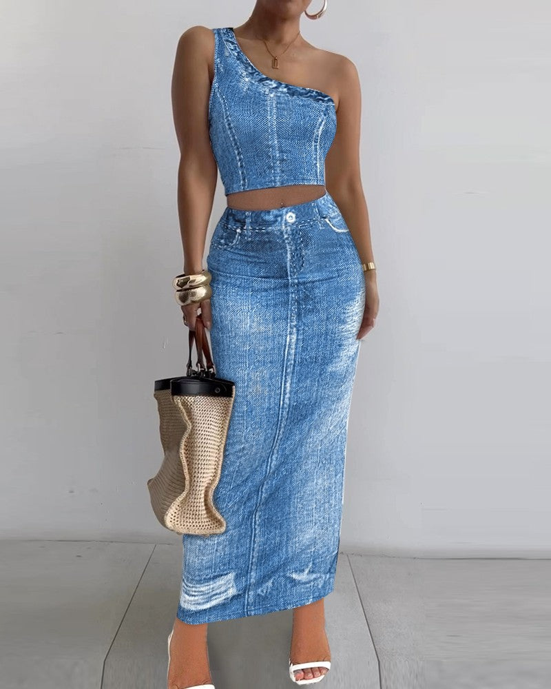 Denim Look Print One Shoulder Top & Skirt Set