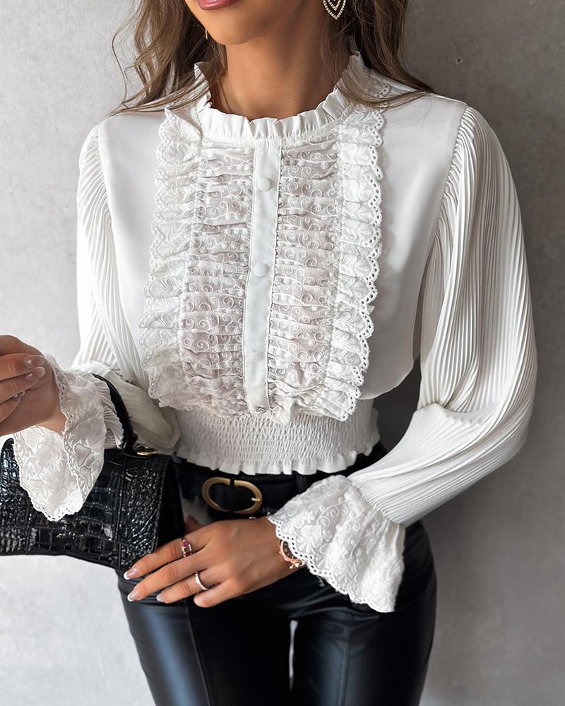 Contrast Lace Shirred Bell Sleeve Top