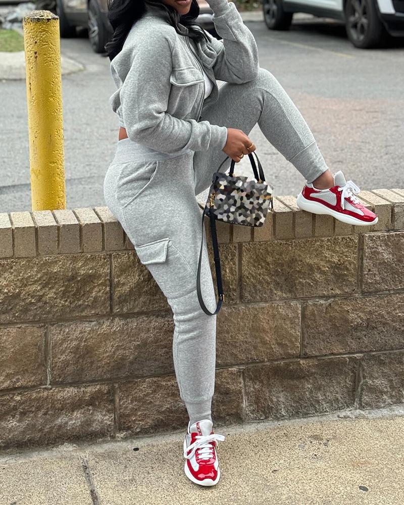 Crop Sweatshirt Jacket & Drawstring Cuffed Sweatpants Set