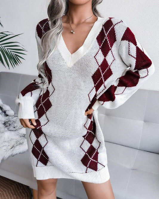 V Neck Plaid Print Knit Sweater Dress