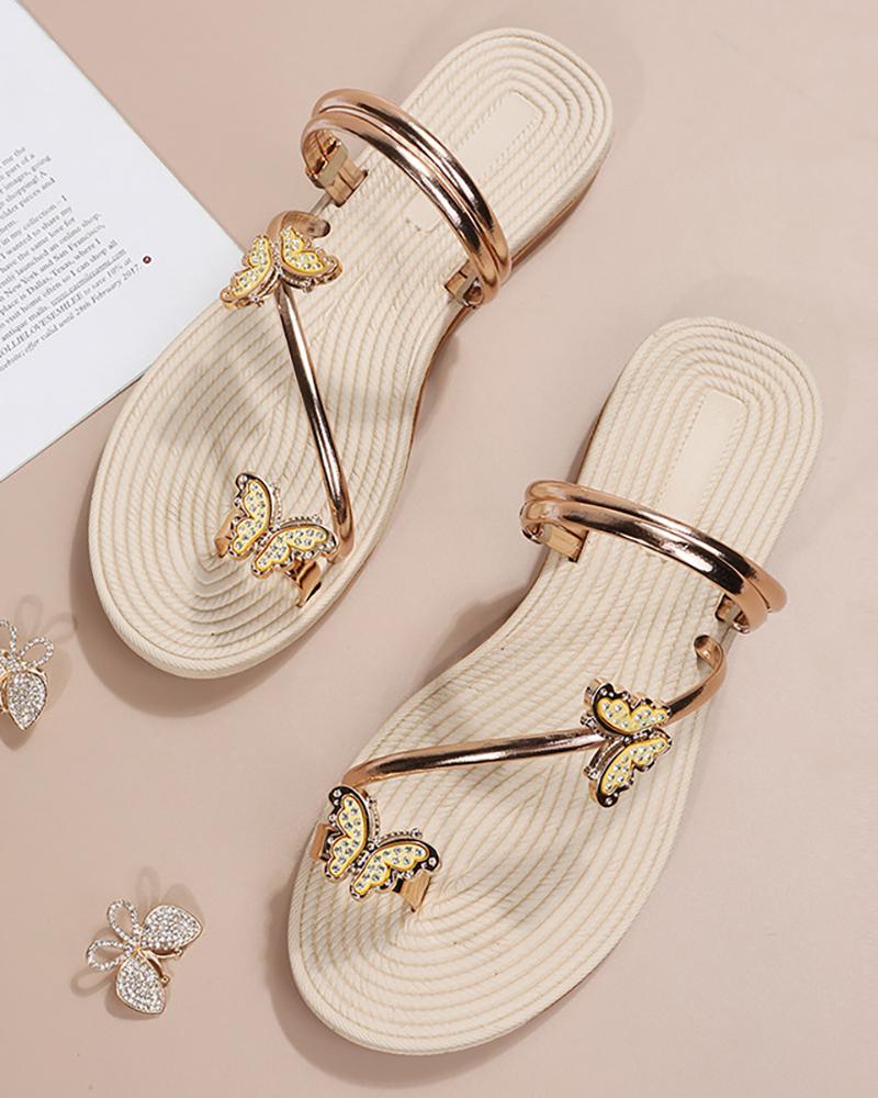 Rhinestone Butterfly Pattern Toe Ring Flip Flops