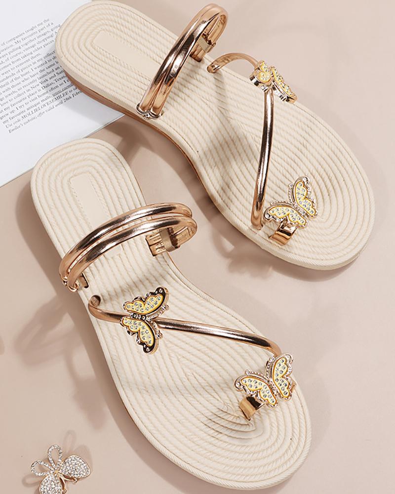 Rhinestone Butterfly Pattern Toe Ring Flip Flops