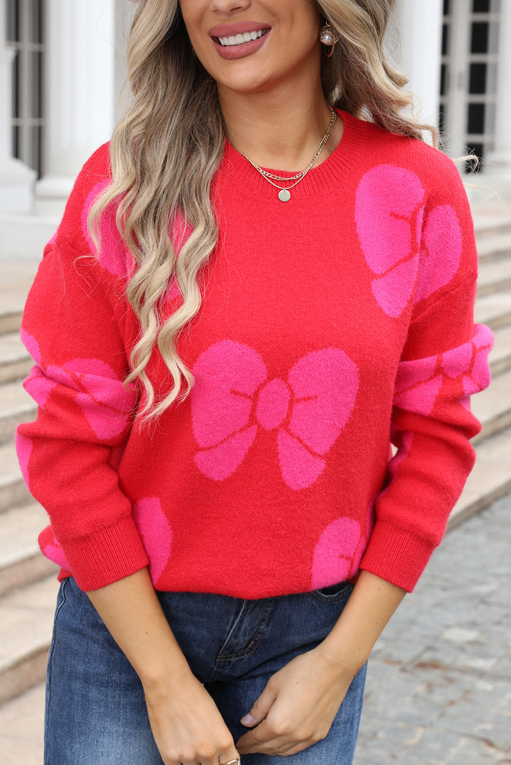 Fiery Red Valentine Bowknot Knitted Round Neck Fashion Sweater