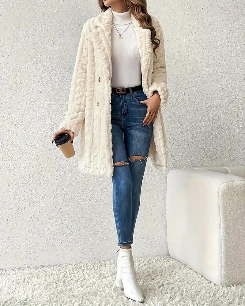 Cable Textured Lapel Neck Double Breasted Fleece Longline Teddy Coat