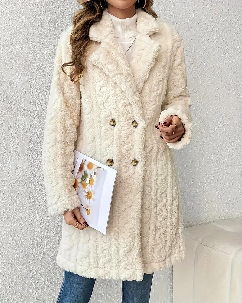 Cable Textured Lapel Neck Double Breasted Fleece Longline Teddy Coat