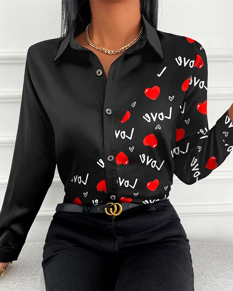 Valentine's Day Heart Letter Print Button Down Shirt