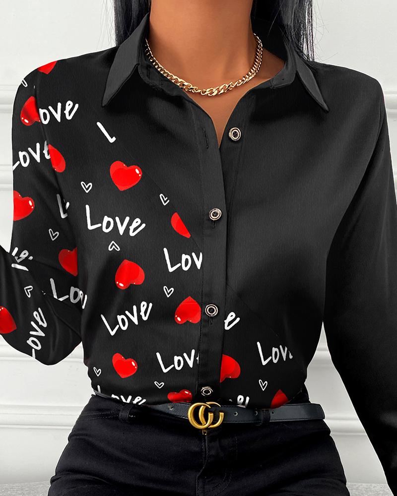 Valentine's Day Heart Letter Print Button Down Shirt