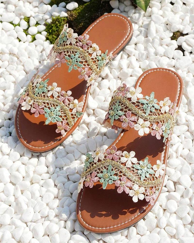 Lace Floral Double Strap Summer Beach Slippers