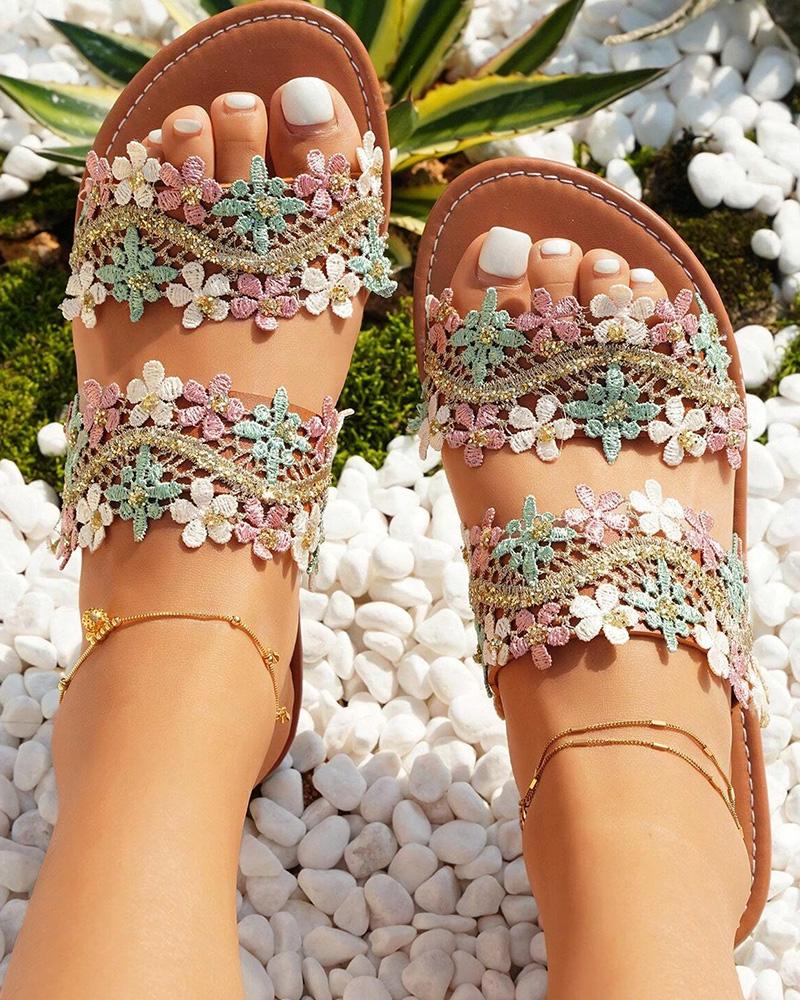 Lace Floral Double Strap Summer Beach Slippers