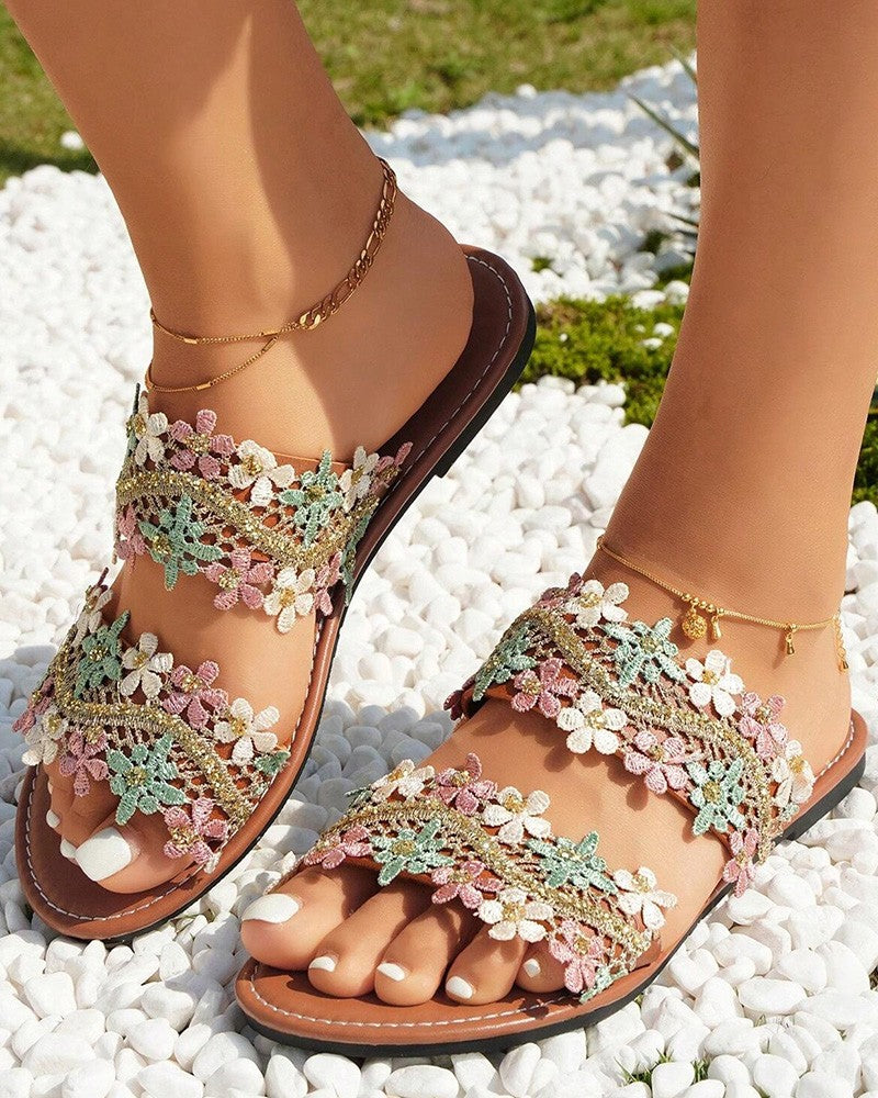 Lace Floral Double Strap Summer Beach Slippers