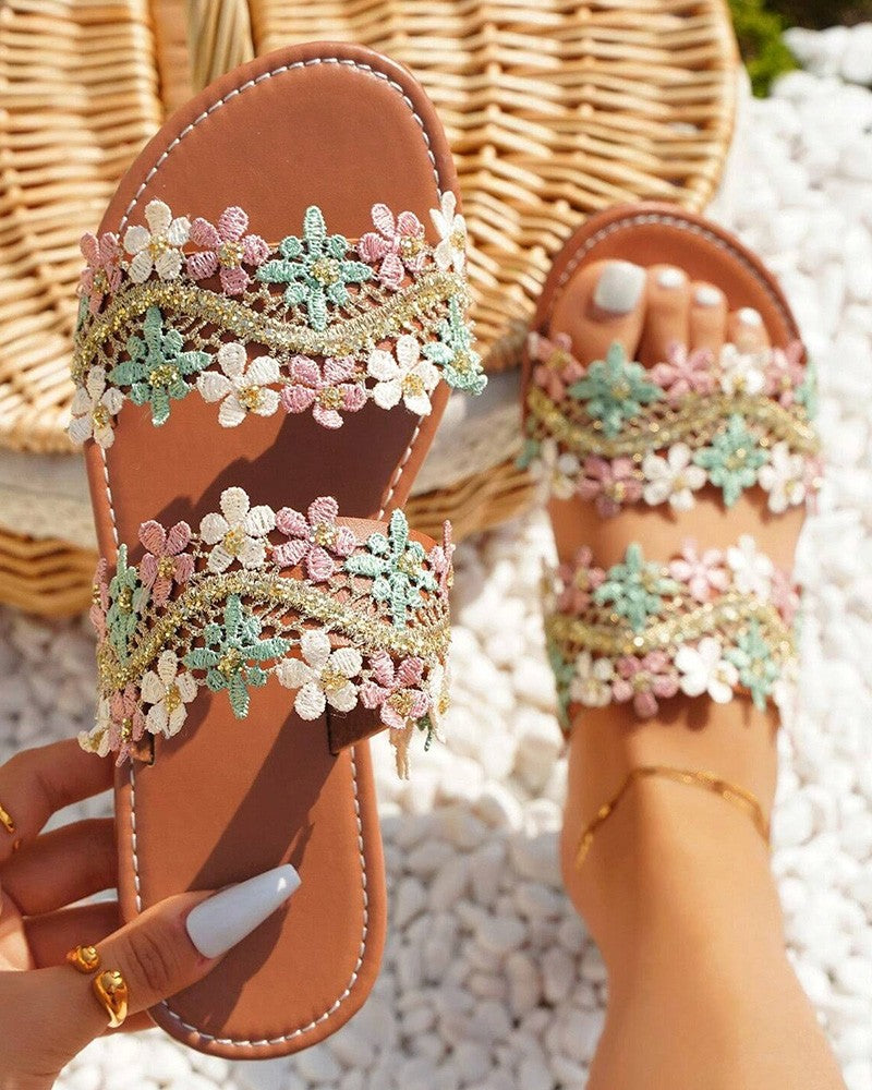 Lace Floral Double Strap Summer Beach Slippers