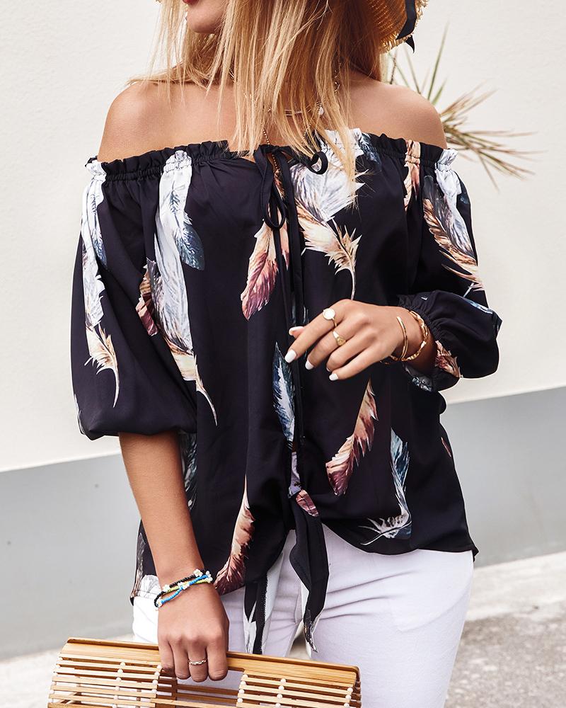 Feather Print Tied Detail Off Shoulder Top