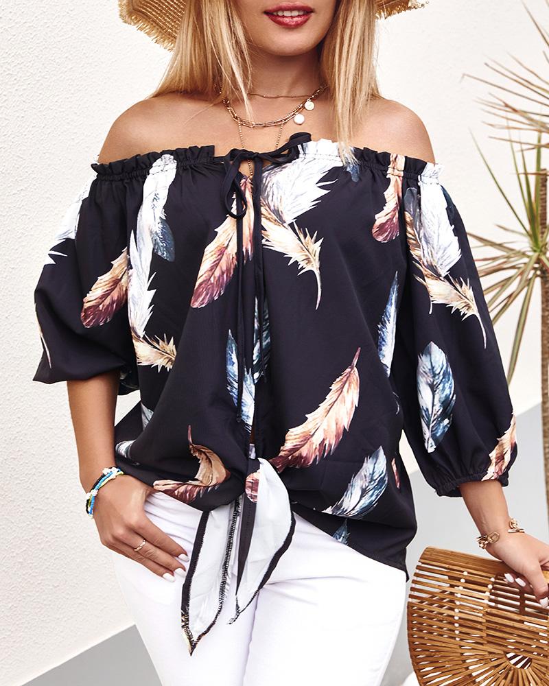 Feather Print Tied Detail Off Shoulder Top