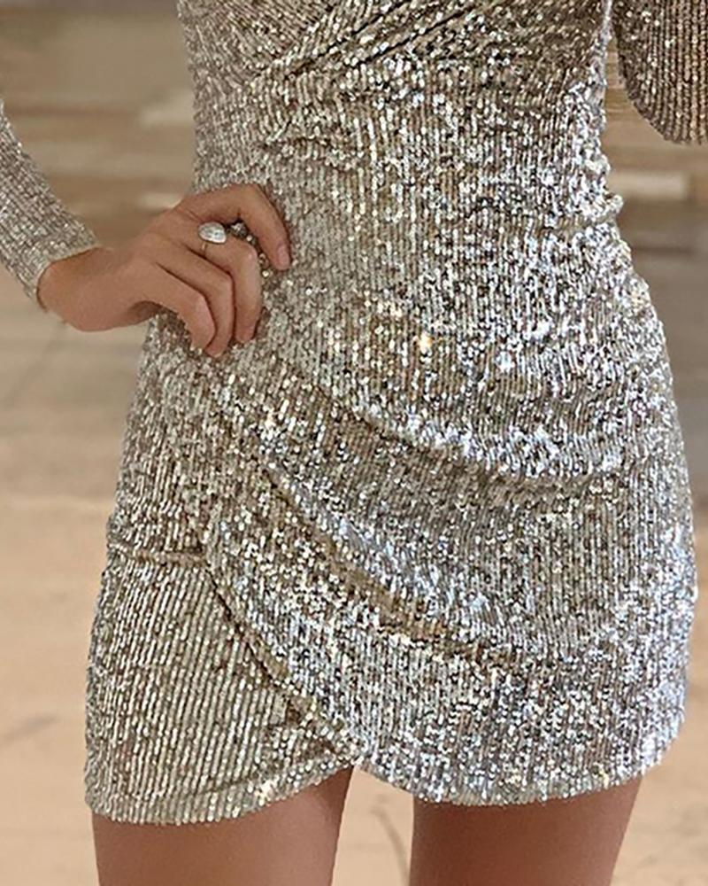 Allover Sequin Deep V Neck Ruched Bodycon Elasticity Mini Dress Party Dress