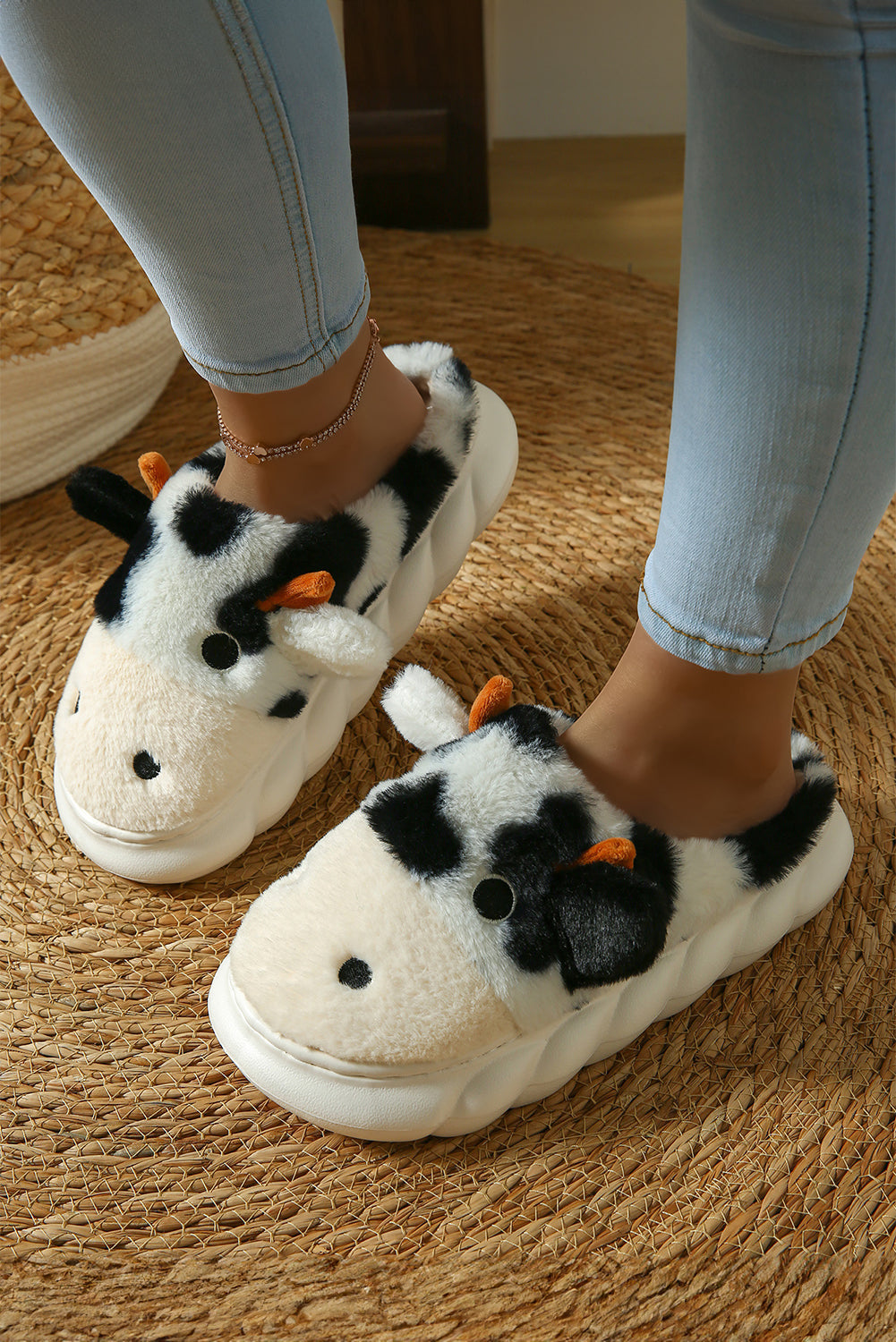 White Cute Cow Thick Sole Plush Thermal Home Slippers