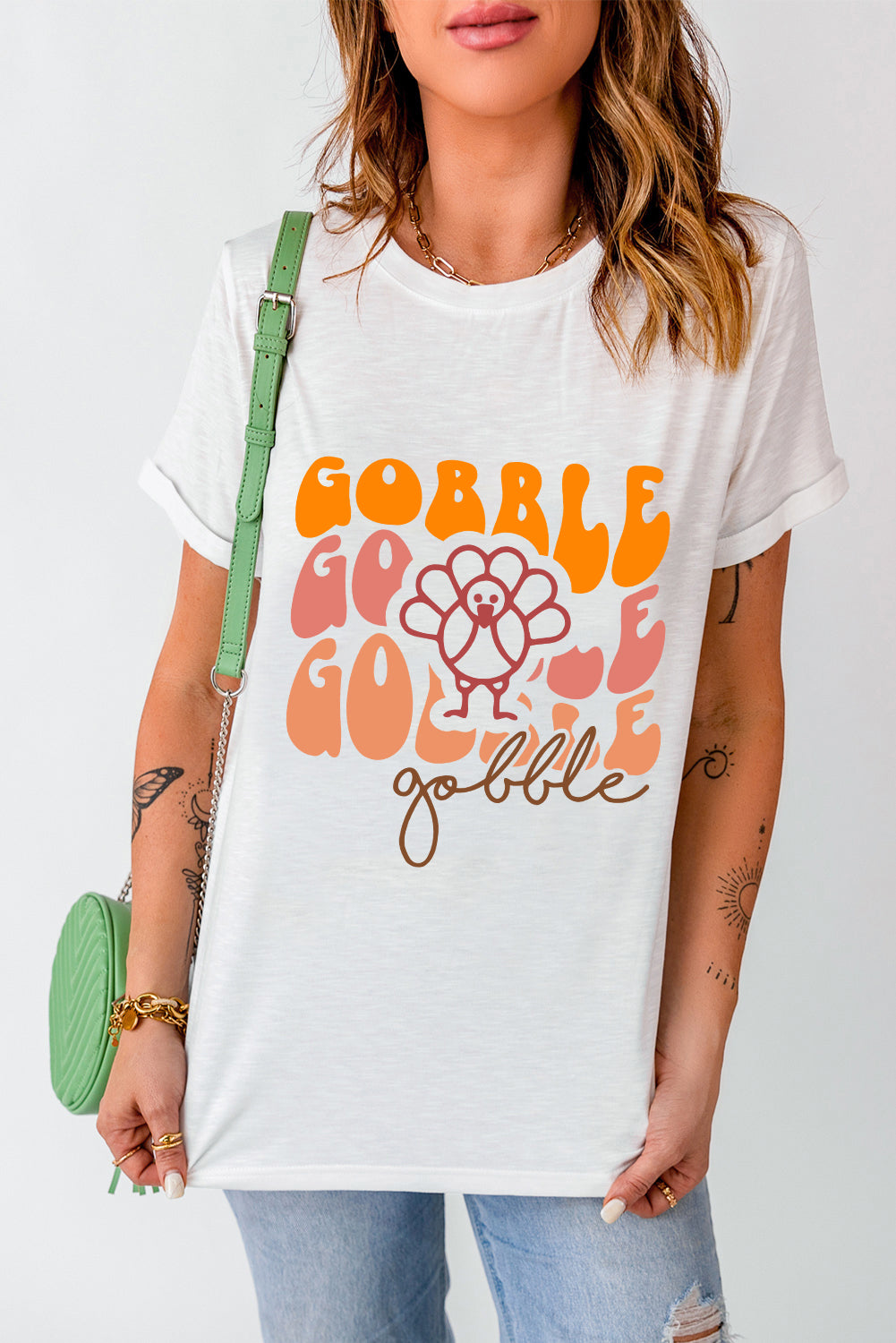 White Gobble Thanksgiving Turkey Graphic Cotton Blend T Shirt