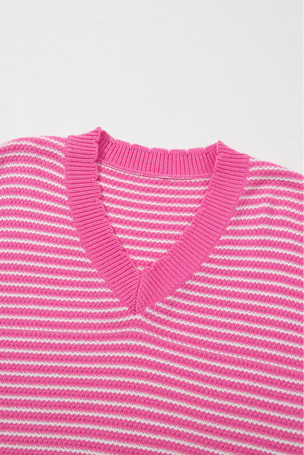 Pink Striped Scallop V Neck Loose Sweater with Slits