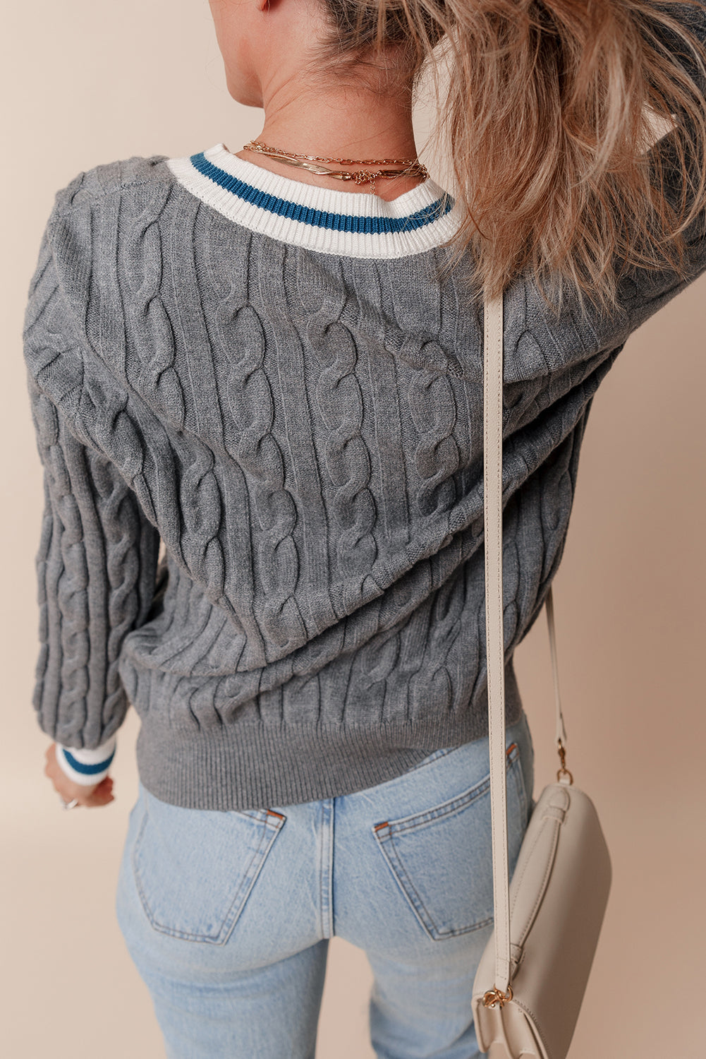 Medium Grey Color Contrast Ribbed Edge Cable Knit V Neck Sweater