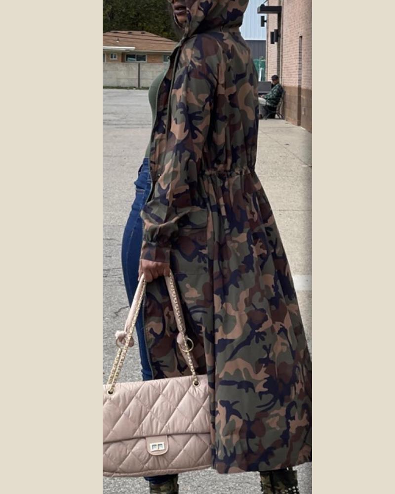 Camouflage Print Drawstring Hooded Coat