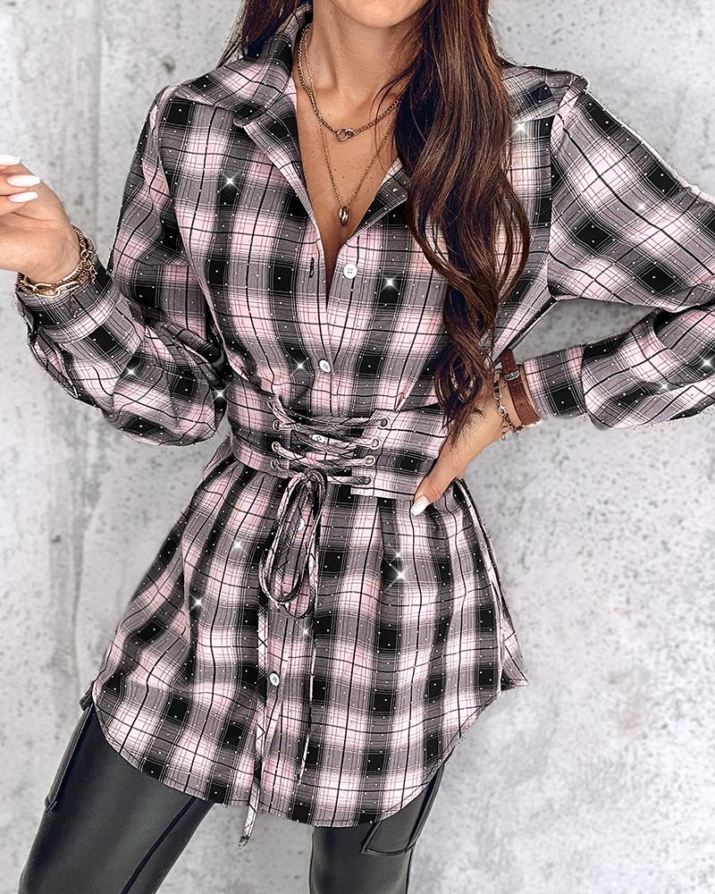 Plaid Print Lace up Front Shining Rhinestone Deco Top Shirt Dress