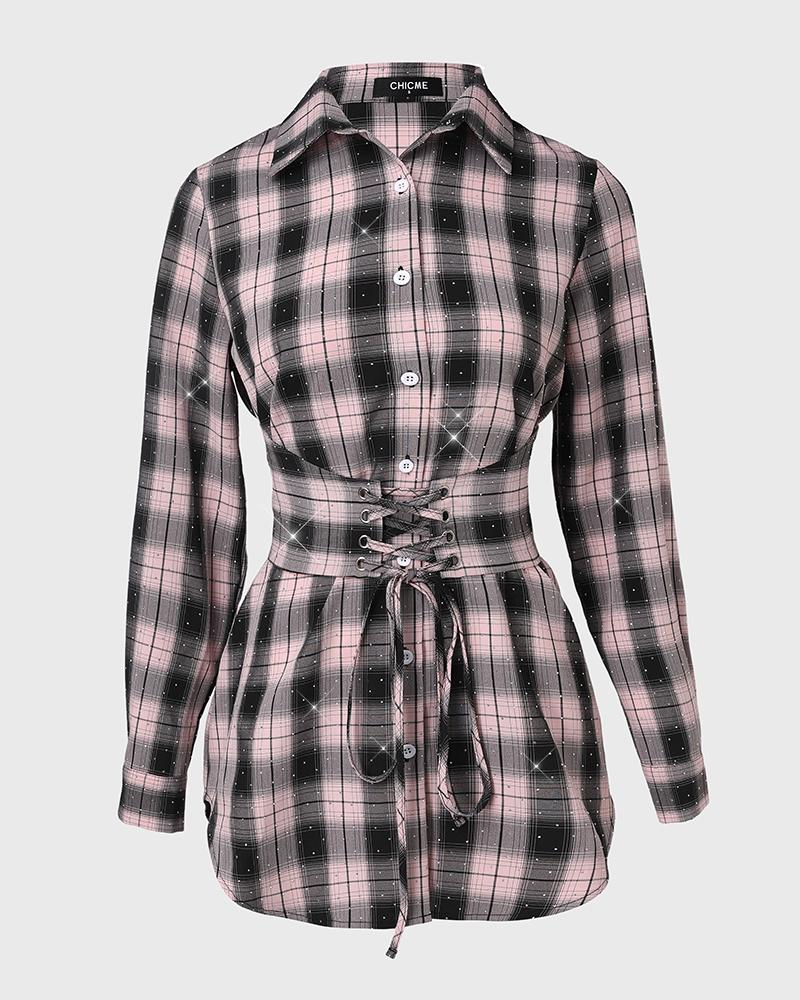 Plaid Print Lace up Front Shining Rhinestone Deco Top Shirt Dress