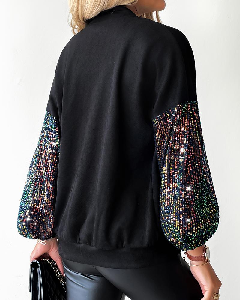 Zipper Design Contrast Sequin Casual Jacket