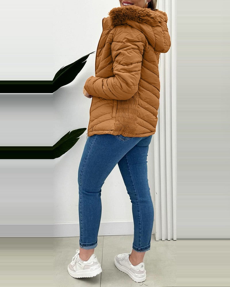 Zipper Pocket Design Shirred Fuzzy Trim Lined Hooded Puffer Jacket