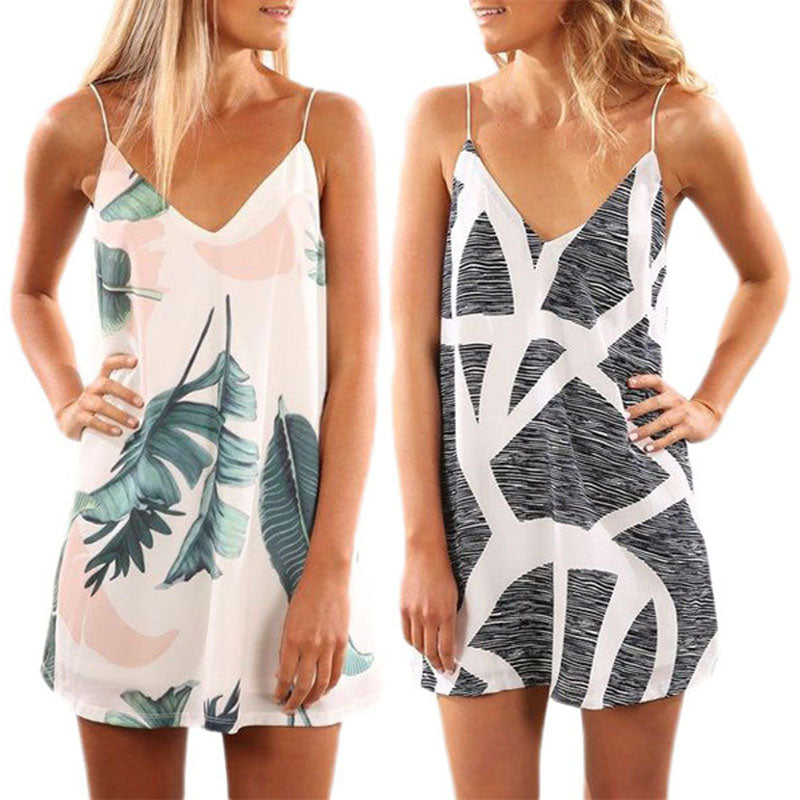 Stylish Printed Spaghetti Strap Double V Mini Dress