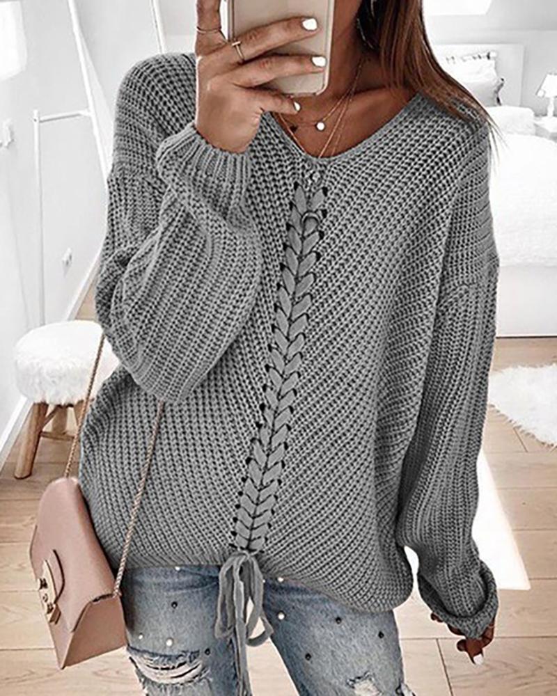 Eyelet Lace up Knitt Casual Sweater