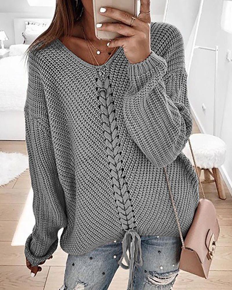 Eyelet Lace up Knitt Casual Sweater