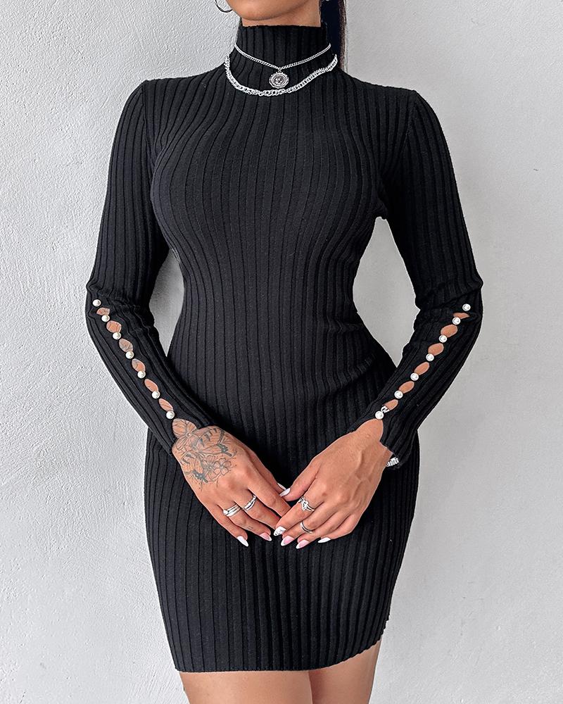 Mock Neck Beaded Knit Bodycon Dress