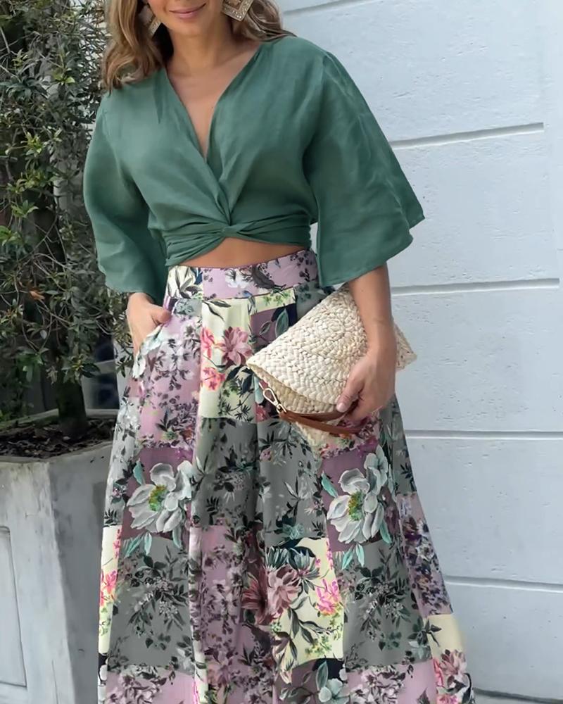 Twisted Crop Top & Floral Print Wide Leg Pants Set