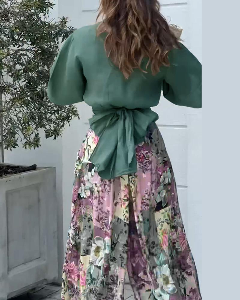 Twisted Crop Top & Floral Print Wide Leg Pants Set