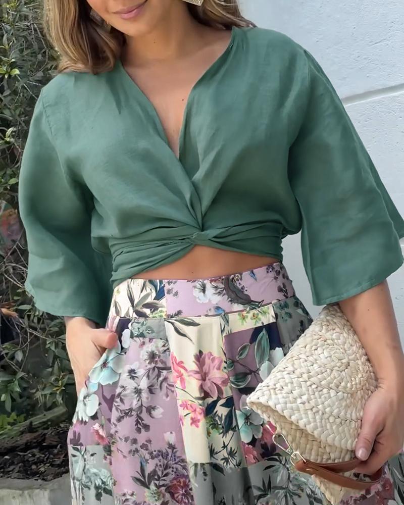 Twisted Crop Top & Floral Print Wide Leg Pants Set