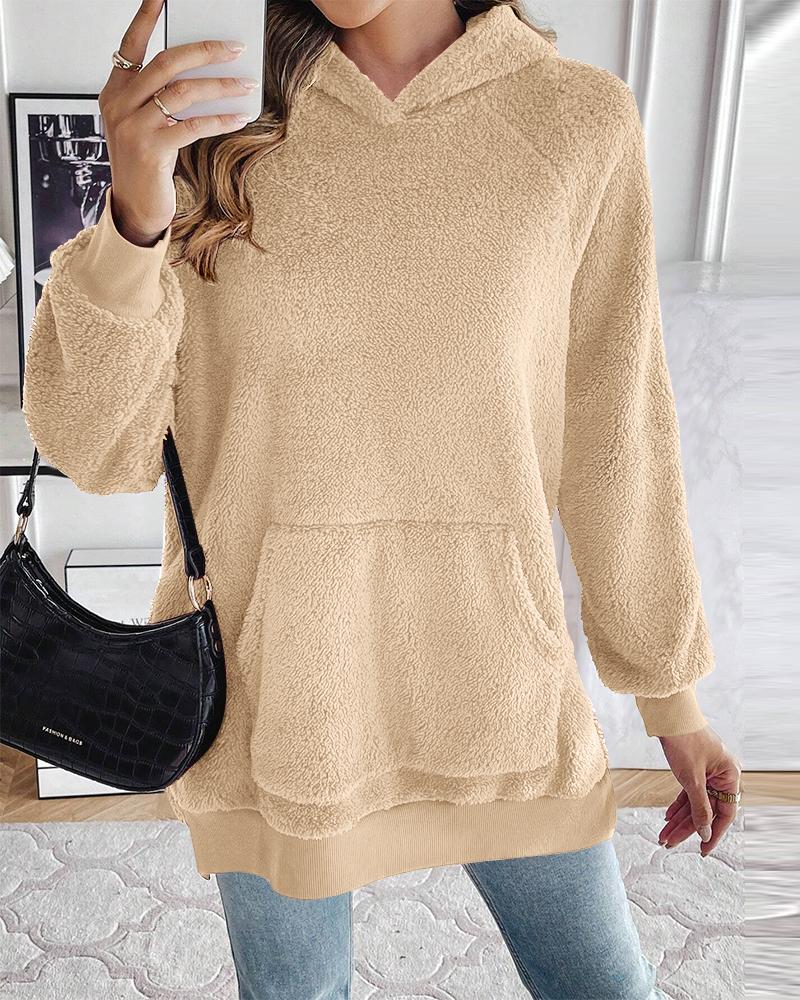 Fuzzy Kangaroo Pocket Design Side Slit Hooded Sweatshirt