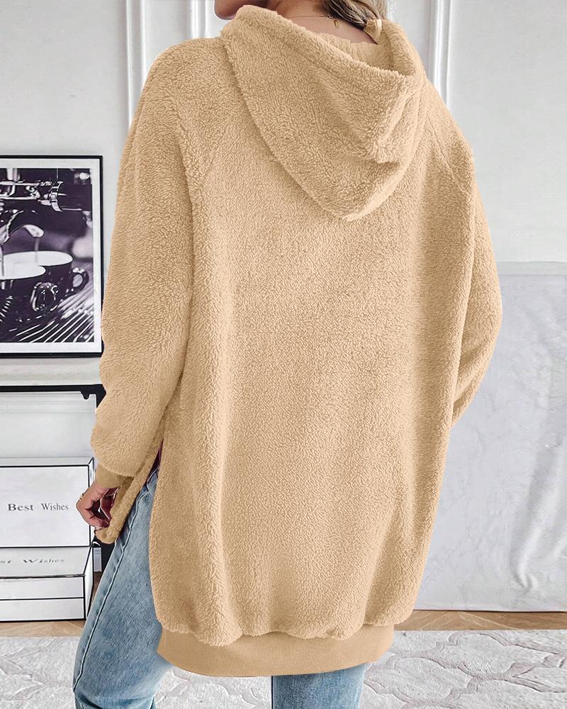 Fuzzy Kangaroo Pocket Design Side Slit Hooded Sweatshirt