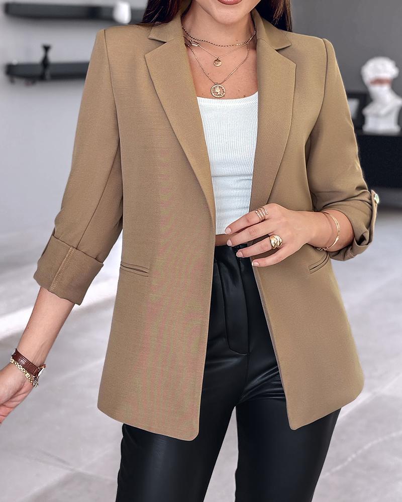 Notched Collar Roll Up Sleeve Blazer Coat