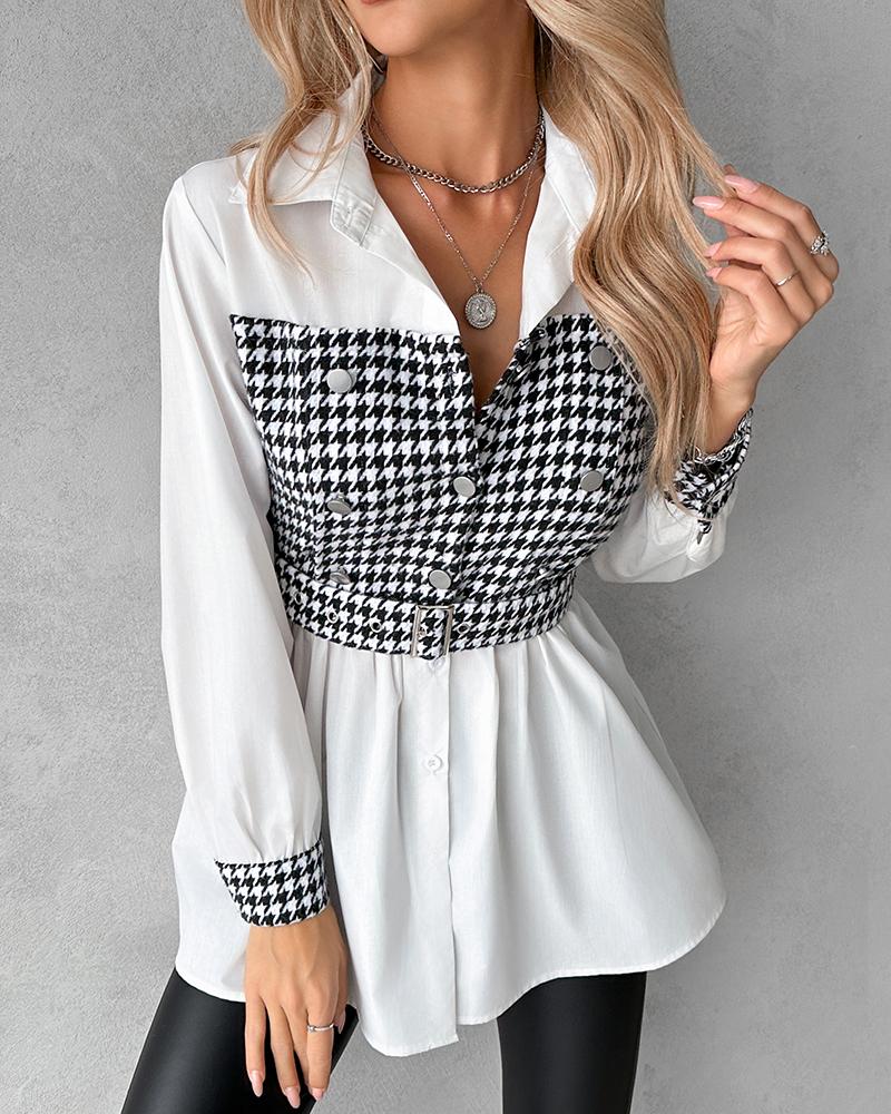 Houndstooth Print Patchwork Belted Ruched Top