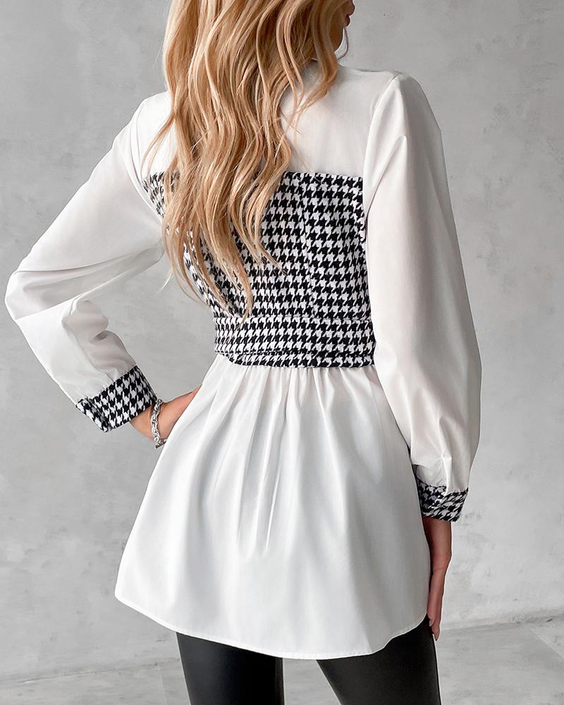 Houndstooth Print Patchwork Belted Ruched Top